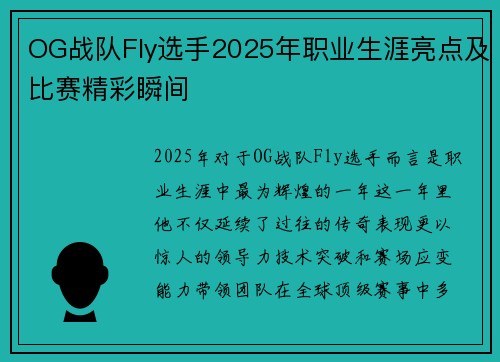 OG战队Fly选手2025年职业生涯亮点及比赛精彩瞬间
